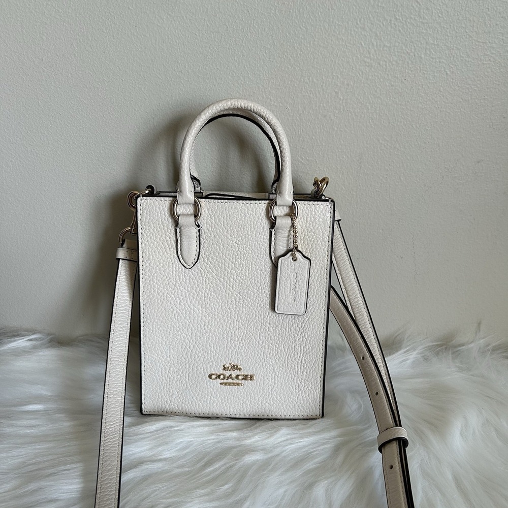 Coach North South Mini Tote Chalk White Pebbled Leather Crossbody Bag Excellent - Picture 1 of 9